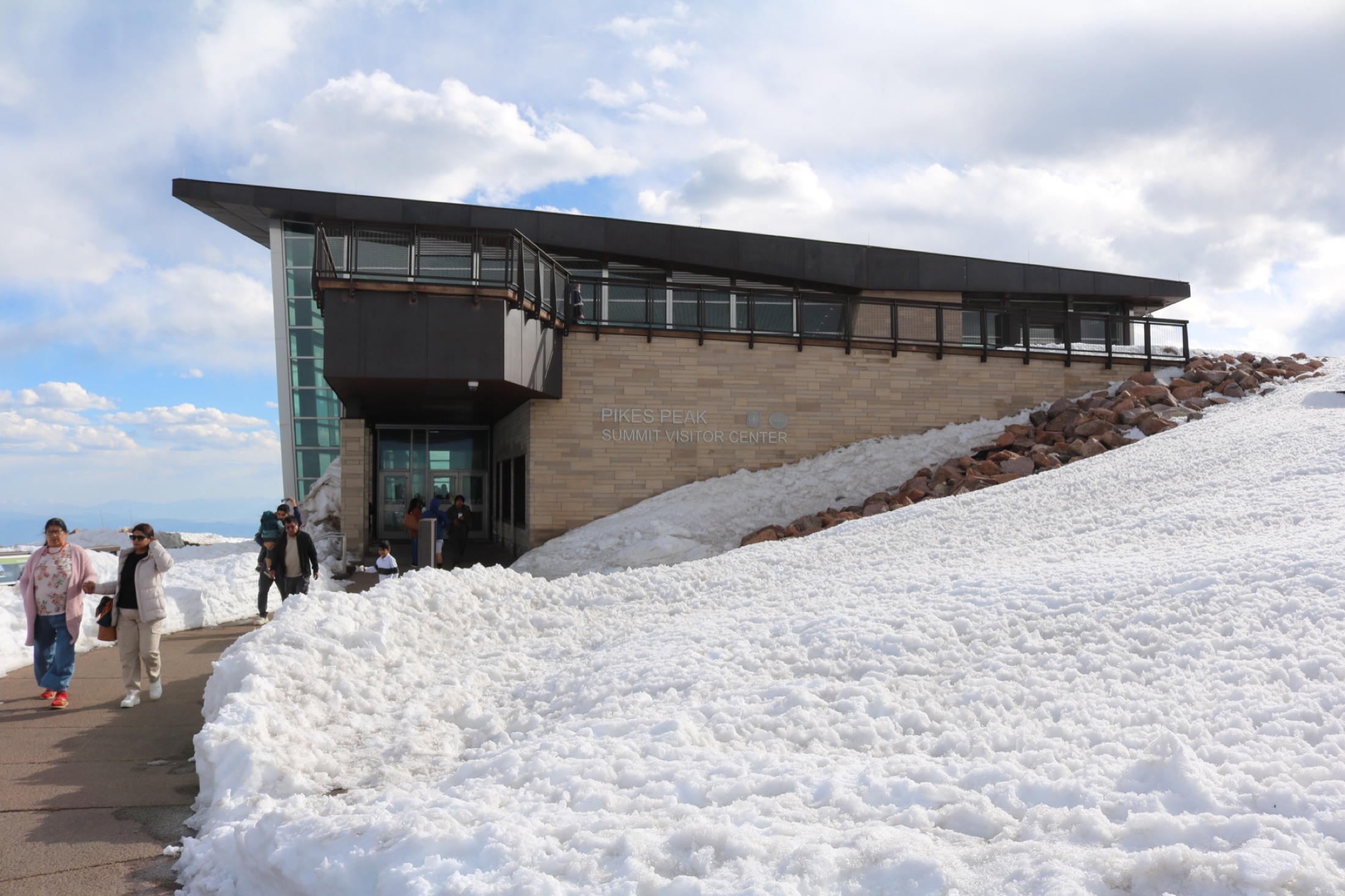 Pikes Peak Summit Visitor Center surrounded by snow