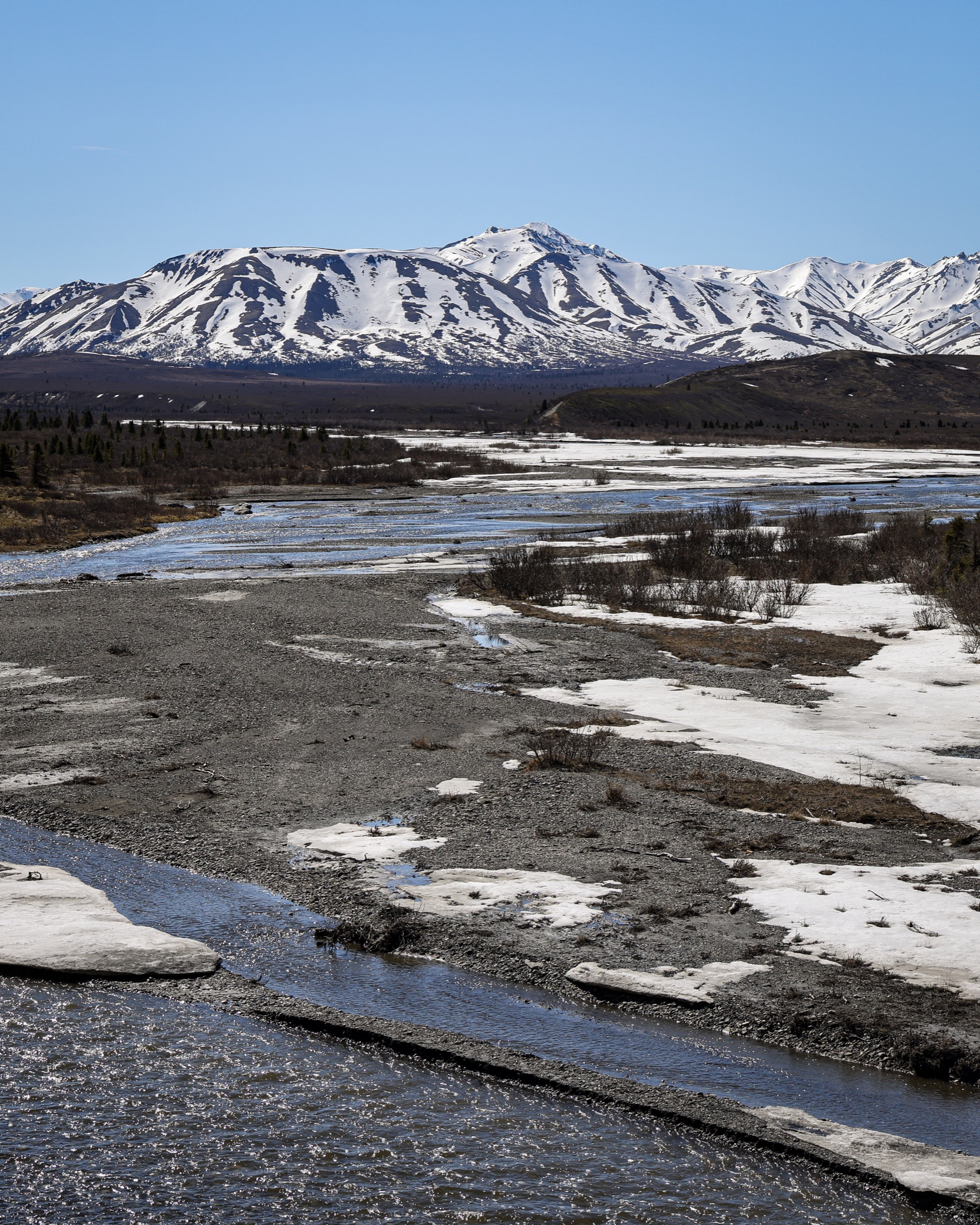 A braided river crossing snowy tundra beneath the Alaska Range