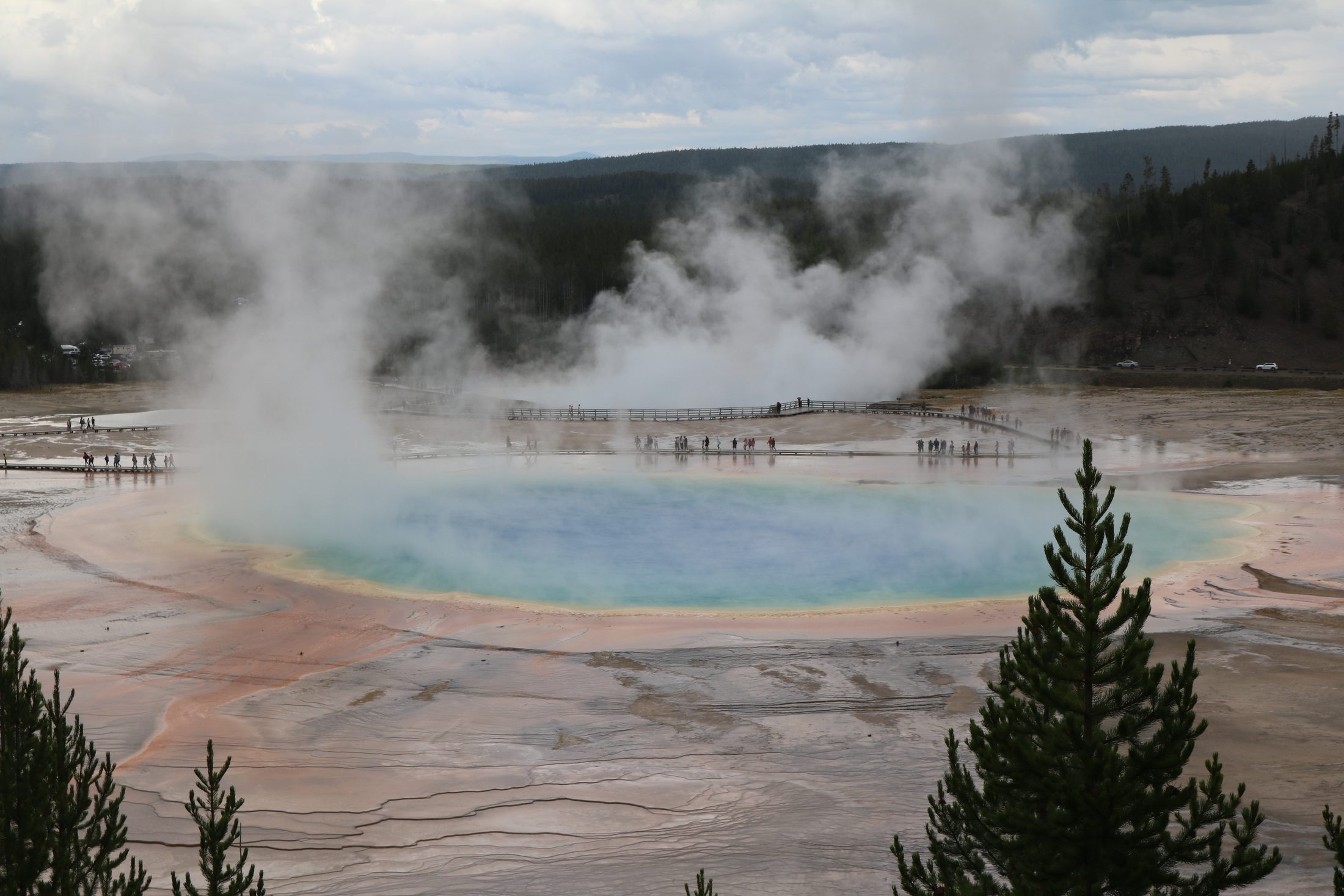 Steam over the colorful Grand Prismatic Spring