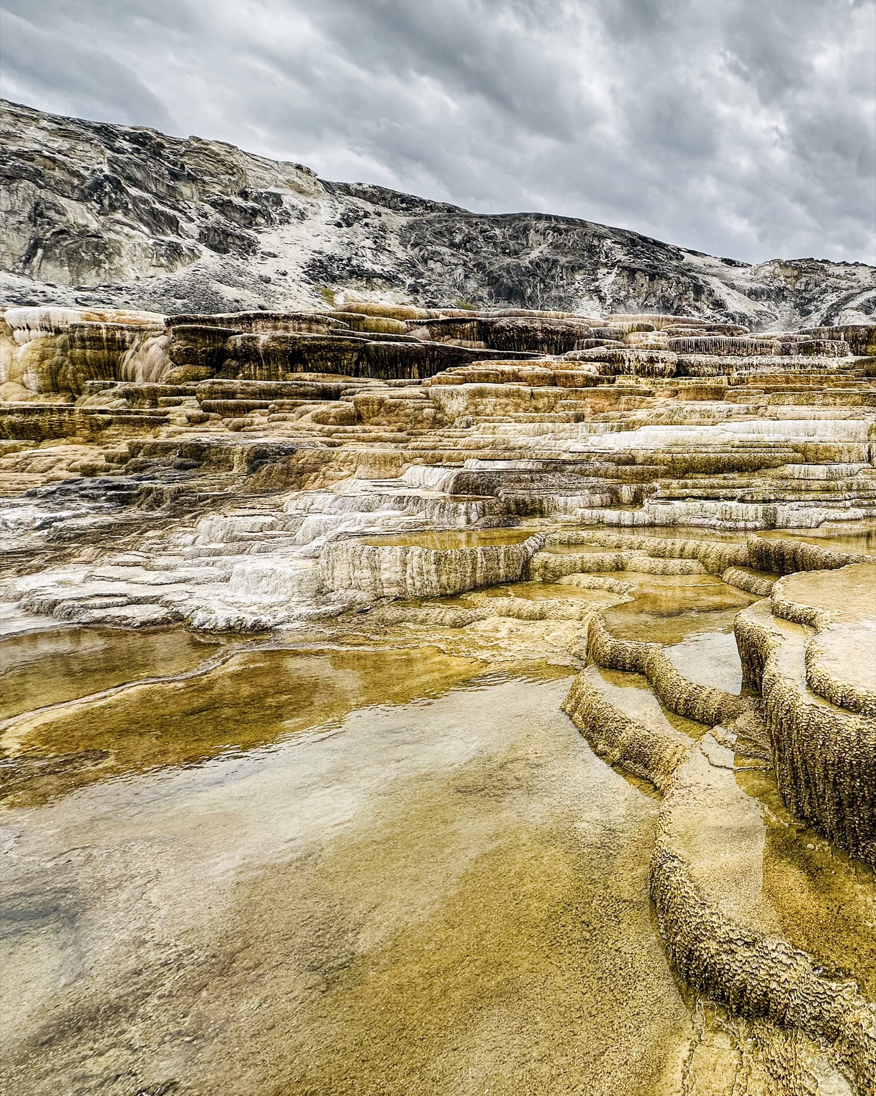Layered mineral terraces beneath a dramatic cloudy sky in Yellowstone